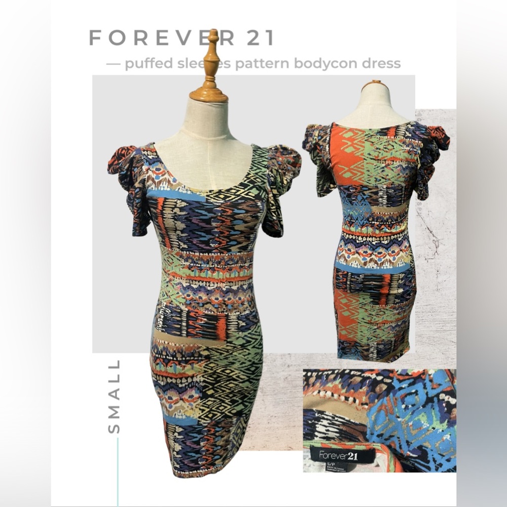 PUFFED SLEEVES PATTERN BODYCON DRESS